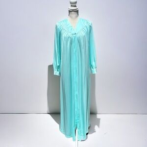 🌻VINTAGE Shadowline Green Long Sleeve Flower Embroidered Nylon Robe Size Small